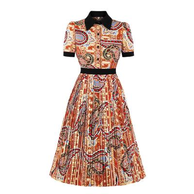 China Floral Print Printed Women's Dress Elegant Stand Collar Waist High Casual Women's 2020 Summer Pleated Skirt Ladies Knee Length Dress for sale