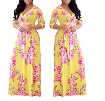 China Wholesale Custom Ladies Summer Floral Print V Neck Digital Printed Pattern Floral Dress African Casual Elegant Dress Long for sale