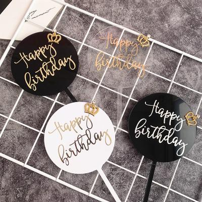 China Baking Crown Cake Decorating Accessory Round Happy Birthday Bronzing Black White Acrylic Cake Topper for sale