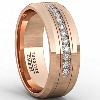 China CLASSIC 8mm Rose Gold Tungsten Carbide Ring 11 Cubic Zircon Men's Comfort Fit Ring Band Wedding for sale