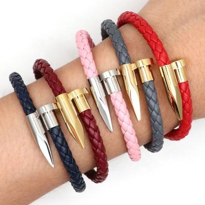 China New Design TRENDY Braided Cowhide Bracelet Stainless Steel Gold Nail Shape Leather Bangle Bracelet For Women Men for sale