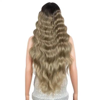 China Deep Wave Soft fiber lace front golden brown hd 2 tone with long curly hair blended blonde lace frontal deep wave synthetic wigs vendor for sale