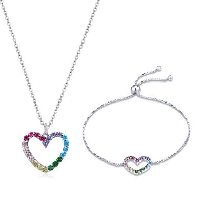 China BAMOER 925 Sterling Silver Rainbow Colorful Heart Pattern Zircon Romantic Love Adjustable Necklace Bracelet Chain Jewelry Set ZHS230 for sale