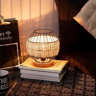 China Rustic Home Interior Decor Wire And Rattan Table Lamp With Wood Base For Living Room And Bedroom Resorts for sale