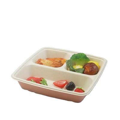 China 3 Departments Rectangle Paper Plate Disposable Degradable Salad Chips Packaging Canteen Food Tray for sale