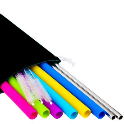 China Sustainable Colorful Reusable Silicone Drinking Stainless Steel Straws With Pouch for sale