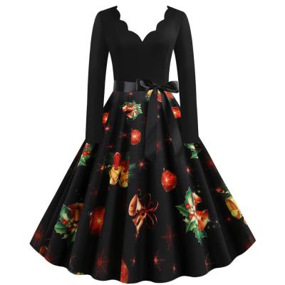 China Anti-Static Christmas Printed V-Neckline Lady Women's Bridesmaids Dresses Long Sleeve Evening Dresses for sale