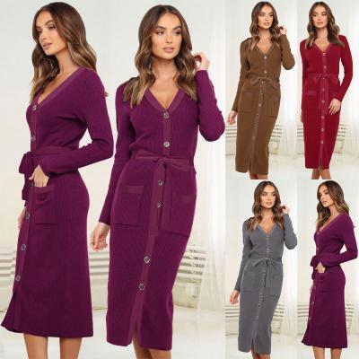 China Dry Cleaning Maxi Dress Female 2022 Elegant Chic Long Sleeves V Women Dress Autumn Button Neck Midi Elastic Dress Lady Chic Lady Knit Sweater Dress for sale