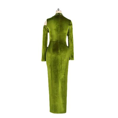 China Elegant Women Winter Anti-Static Dress Dresses Hollow Out Design Beading High Waist Long Sleeves Party Green Dress Lady Split Bodycon Maxi Dress for sale