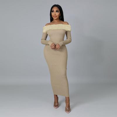 China Dry cleaning women drop sleeve streetwear long maxi dresses off the shoulder bodycon dress solid color casual knitted dress for female for sale