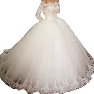 China luxury A line Crystal Stones Lace Bride Long Sleeve Wedding Dress Anti-wrinkle Summer Wedding Dress Puff A Line Wedding Dresses for sale