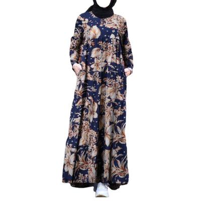 China High Quality Retro Dubai Abaya Turkey Muslim Hijab Vintage Women Hijab Floral Print Maxi Summer Sundress Maxi Sleeve Kaftan Long Dress for sale