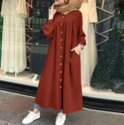 China High quality plus size dresses sundress 2021 solid long sleeve maxi dress shirt women vestidos button long dress muslim female high waist for sale