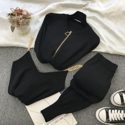 China 2022 Breathable Good Quality Clothing 3 Piece Set Elastic Knitted Jacket Suit Pants Ladies Cardigan Sweater Vest Chain Women Sets for sale