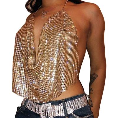 China Tops 2021 Hot Sale Breathable Camisole Amazon Camisole Solid Color Halter Party Wear Bling Backless Top Neckline V Neck Sequins Amazon for sale