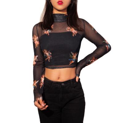 China Women's Long Sleeve Crop Anti-Shrink Full High Neckline Shirts Casual Half Mesh Tops Ladies Sheer Crop for sale