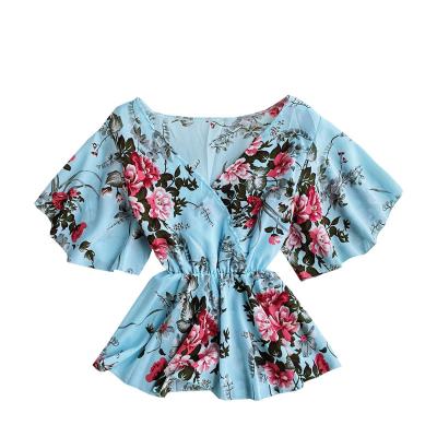 China Anti Shrink Women's Tops Loose Waist V-Neck Belted Closed Ladies Tops Flared Sleeves Chiffon Floral Short Shirt for sale