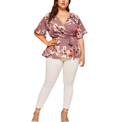 China 2021 Women's V-Neckline Anti-Shrink Oversized Short Sleeve Printed Chiffon Belt Jacket Plus Size T-shirts for sale