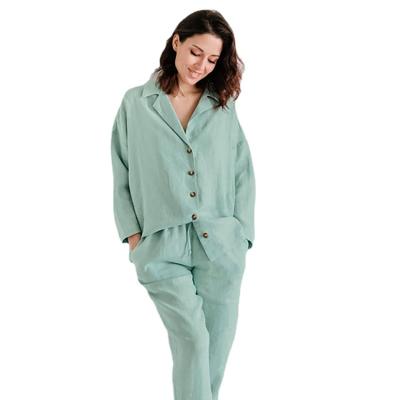 China Green Breathable Temperament Suit Collar Cardigan Shirt Cultivated Pants Cotton Hemp Women Pajamas Pajamas Sets for sale