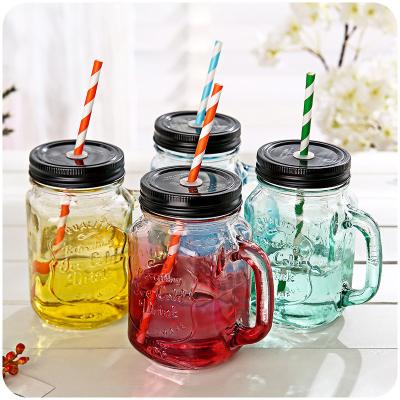 China Free Sample 450ml Sustainable Drinking Jar 16oz Colored Glass Mason Jar With Straw And Lid for sale