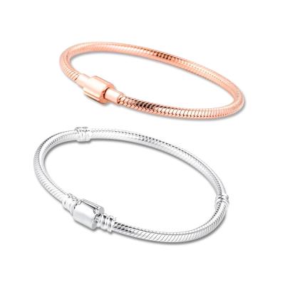 China Romantic Sterling Silver Moments Barrel Clasp Snake Chain Bracelet Bangle Fit Bead 925 Spring Rose Bracelet Charm Diy Fashion Jewelry for sale