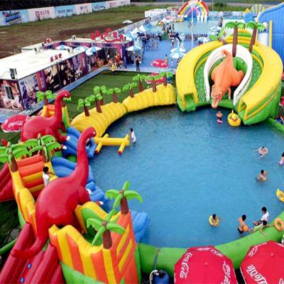 China Customized Hot Selling Durable New Design Size And Color Dinosaur Theme Inflatable Water Park, Inflatable Water Slide With Pool For Sale for sale