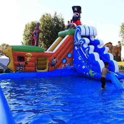 China Customized durable size and color summer inflatable water park, pirata boat theme inflatable water slide with pool for sale for sale