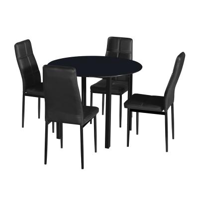 China (Size) 100 cm Black Glass Top Round Dining Table 4 Seats Adjustable Modern Leather Dining Chairs 1+4 for sale