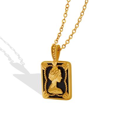 China New Stainless Steel Trendy Trendy Pendant Necklace for Girl Elegant Chic Jewelry Square Gold Color Portrait Pendulum Black Choker Small for sale