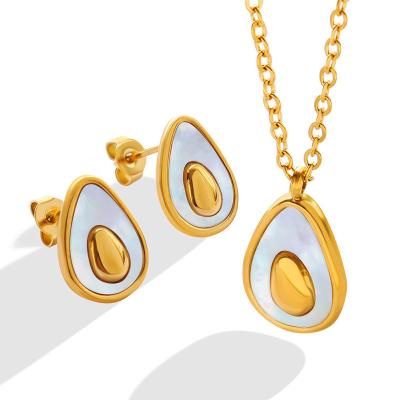 China New FASHIONABLE Gold Plated Titanium Steel Geometric Irregular Jewelry White Shell Avocado Shape Design Stud Earrings Necklace Set For Women for sale