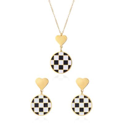 China New FASHIONABLE Enamel Black White Checkerboard Dangle Necklace Earrings Set For Women Gold Plated Stainless Steel Choker Women Necklace for sale