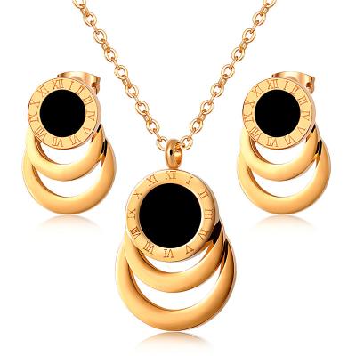 China Fashionable White Black Shell Roman Numeral Necklace and Earrings Sets Gold Color Stainless Steel Round Earrings for Women Jewelry Lover Gift for sale