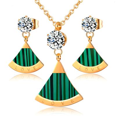 China Vintage FASHIONABLE Shell Triangle Pendant Necklace Earrings Sets For Women Zirconia Clavicle Lover Necklaces Gold Color Steel Jewelry for sale