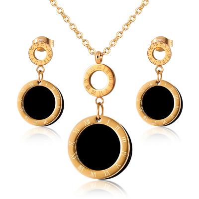 China Fashionable Black Shell Pendant Necklace Earrings Sets For Women Roman Numeral Clavicle Necklaces Stainless Steel Jewelry Statement Necklace for sale