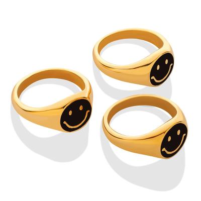 China Trendy Hot Sale Fashionable Tarnish Free 18K Gold Plated Stainless Steel Black Smile Ring For Women Jewelry Smiley Face Ring Cute Positive for sale