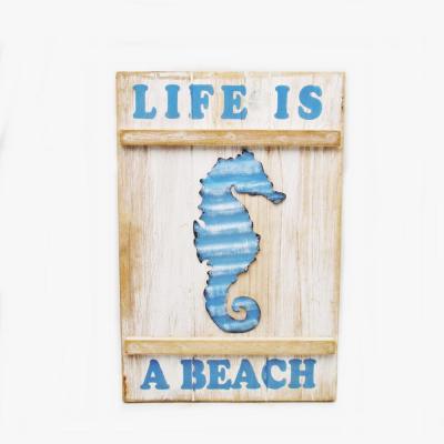 China 100% handmade & High Quality Wholesale Wooden Seahorse Plaque Hand Paint Wall Beach Decoration Nautical Life Is A Beach Sign for sale