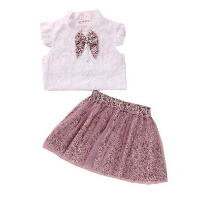 China Viable Children's Clothing 2022 Summer New Girls Bow Sleeveless Shirt Floral Mesh Skirt Set for sale