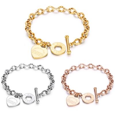 China TRENDY Stainless Steel Love Heart For Women Party Gift Fashion Joyas Chain Charm Bracelets Jewelry Wholesale Text Engraved for sale