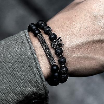 China TRENDY 2 Pcs Set Crown Charm Sets Luxury Vintage Lava Stone Pave Cz Tube Beaded Bracelet For Men Jewelry Gift for sale