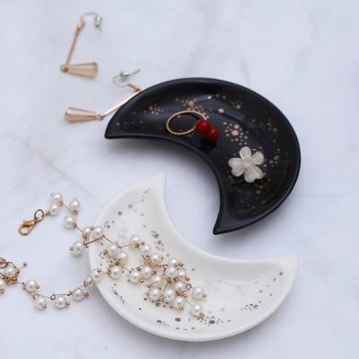 China Eco-Friendly 1 Pair Moon Shape Tray Ceramic Organizer Jewelry Rings Storage Earrings Dish Trinket Dish Decor for sale