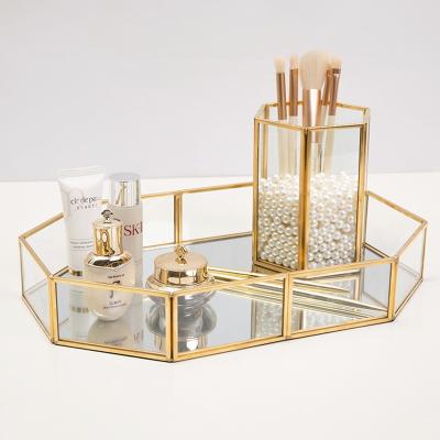 China Eco-friendly Brass Glass Jewelry Display Fashion Cosmetic Organizer Storage Box Dessert Electroplate Decorative Tray for sale