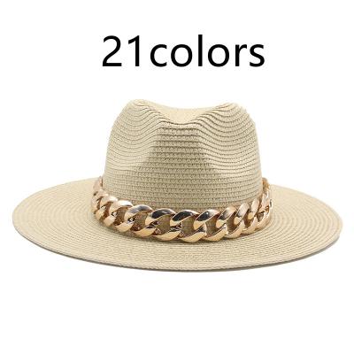 China Decorate Sun Straw Panama Large Brim Gold Band Belt Chain Women Spring Casual Beach Summer Men Hats Black Khaki for sale