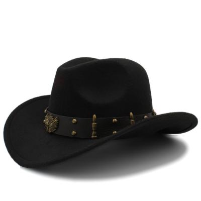 China Decorate Western Cowboy Hat Gentleman Jazz Sombrero Hombre Wome Men's Black Wool Cap for sale