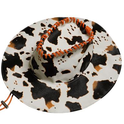 China Sun Protection New Arrival Cow Print Pu Cowboy Wide Brim Vacation Wide Brim Vacation Leather Plaid Fedora Jazz Hat for sale