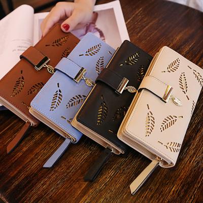 China Waterproof Women LATCH PU Leather Long Zipper Hollow Buckle Leaf Ladies Wallet Card Holder Girl Girl for sale