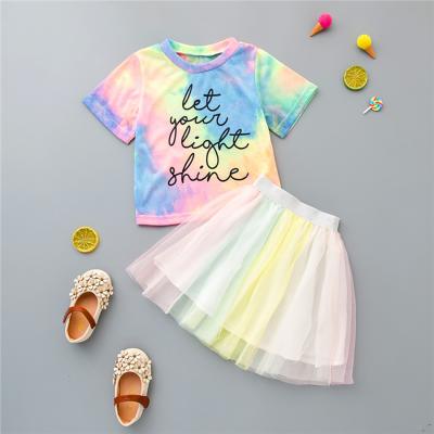 China 2021 New Breathable Summer Tie-Dyed Clothing Set For Kids Letter Pattern Rainbow T-shirt + Tutu Dress 2pcs Costume Clothes for sale