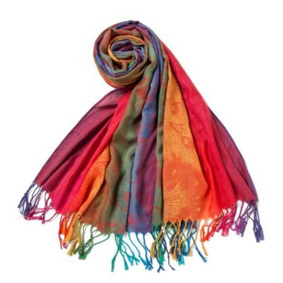 China Costumes Women Fashion Shawl Colorful Peacock Feather Comfortable Lightweight Scarf For Photo Travel Rainbow Colors for sale