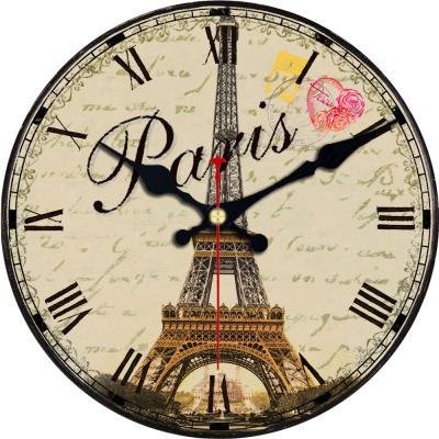 China Love Roman Numerals Round Flora Flower Paris Tower of Calendars No Noise Retro Living Room Rustic Wooden Wall Clock for sale