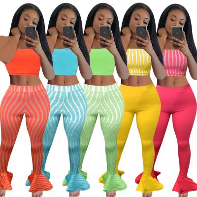 China Breathable Wholesale Tube Top And Ruffles Tight Pants Two Piece Fall Sets Candy Clolor Woman Fall Striped Set for sale