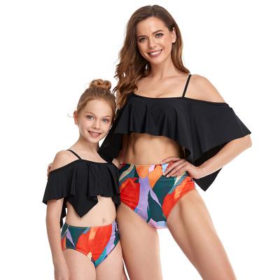 China 2021 Mommy and Me Lotus Leaf Breathable Vacation Four-corner Luxury Split Swimsuit Kids Swimwear Beach Bathing Clothes for sale